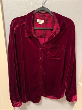 Anthropologie Velvet Button-Up Blouse in Deep Wine Red